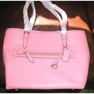 Coach Pink Pebbled Leather Tote Bag With Gold Hardware & Shoulder Straps
